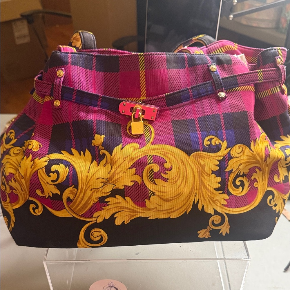 Versace Vibrant Pink and Yellow Baroque Shoulder Bag